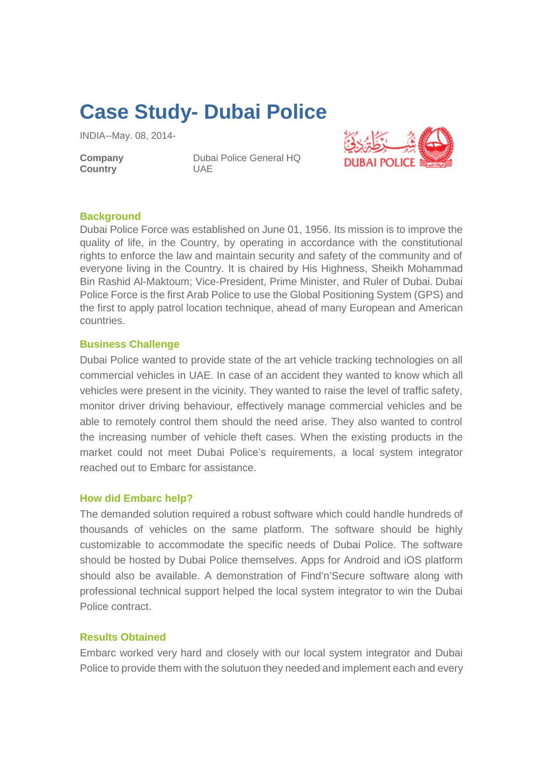 Dubai Police case study, May 2014.